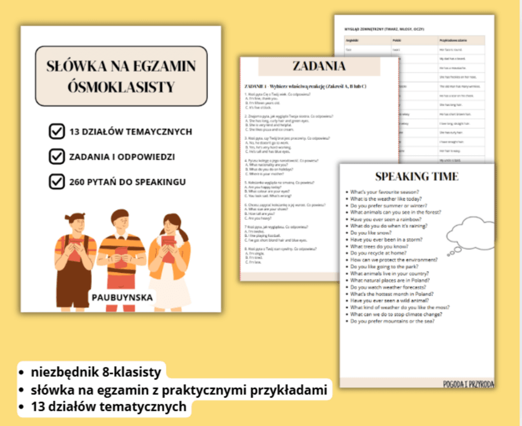 E-book: „Egzamin ósmoklasisty z języka angielskiego – słownictwo, zdania i pytania do speakingu z 13 działów tematycznych” - Paulina Buczyńska; e-book