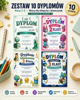 Zestaw 10 dyplomów ukończenia klasy 1, 2 i 3 szkoły podstawowej – kolorowe certyfikaty dla chłopców i dziewczynek do druku - @gotowedodruku; dyplomy