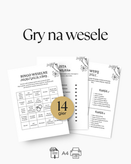 Gry weselne – pakiet 14 zabaw weselnych | Bingo weselne, quiz weselny i test wiedzy o Młodej Parze - @fajnedodruku; gra
